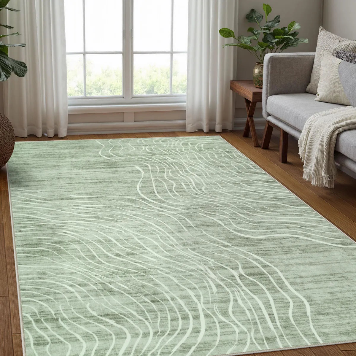 Lahome Washable Abstract Terrain Green Area Rug for living room.