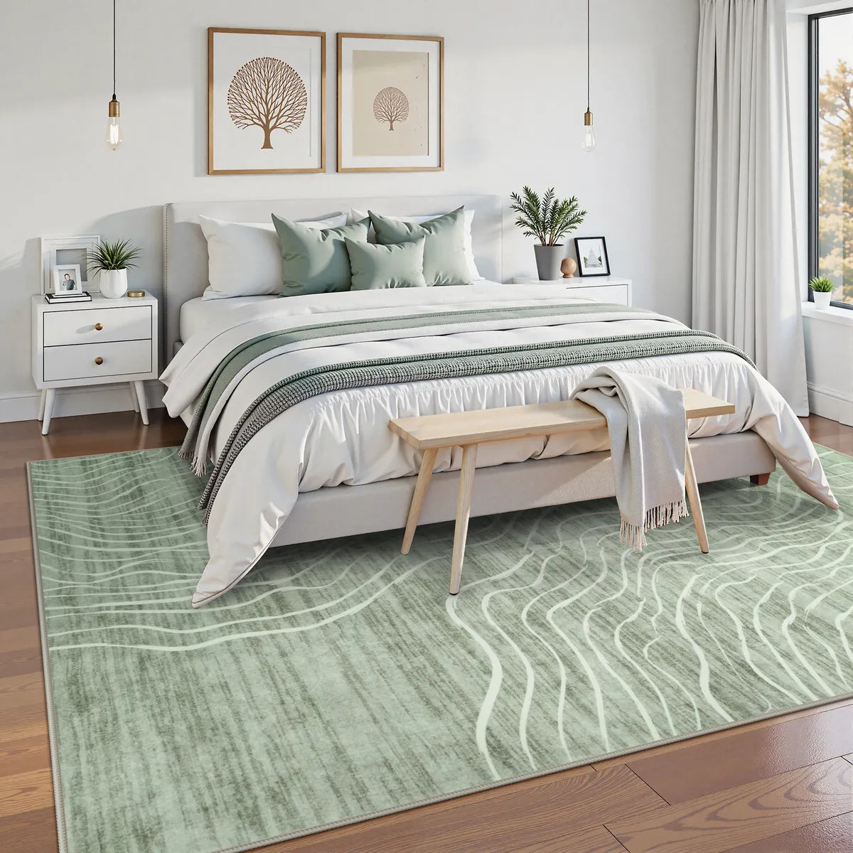 Lahome Washable Abstract Terrain Green Area Rug for bedroom.