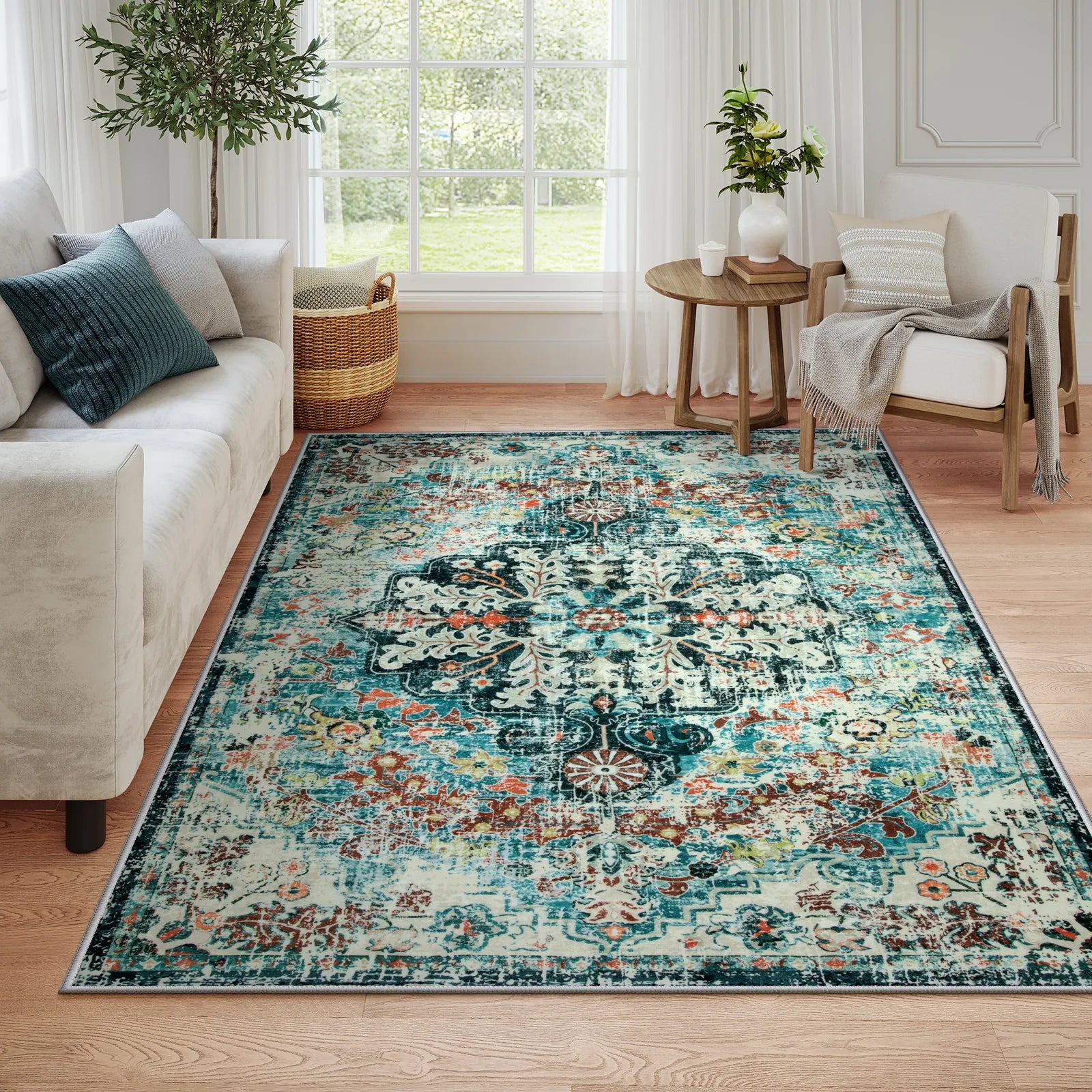 Reine Washable Bohemian Floral Medallion Dark Teal Blue Rug Clearance Rugs Lahome 6' x 9'