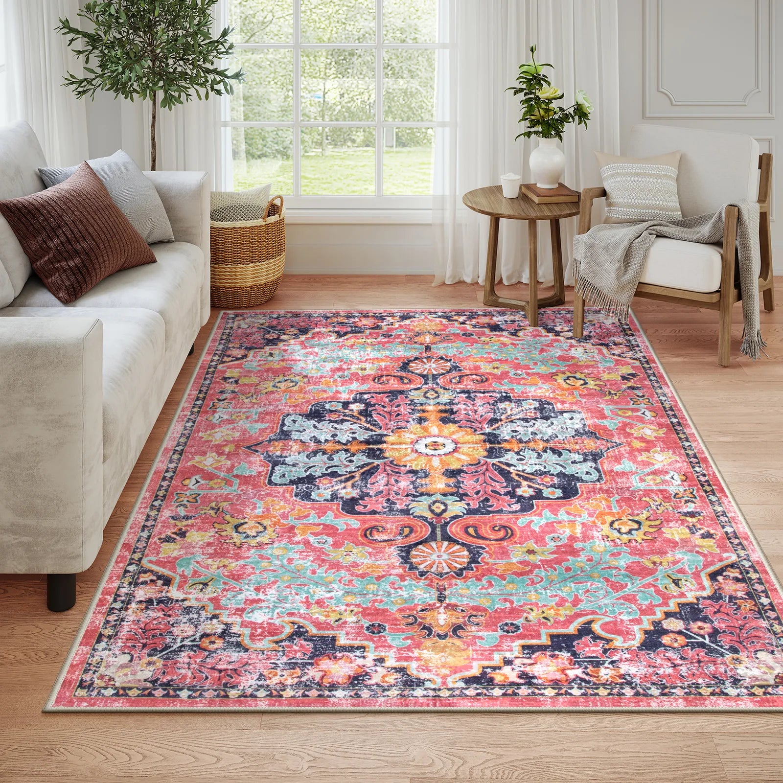 Reine Washable Bohemian Floral Medallion Red Rug Clearance Rugs Lahome 6' x 9'