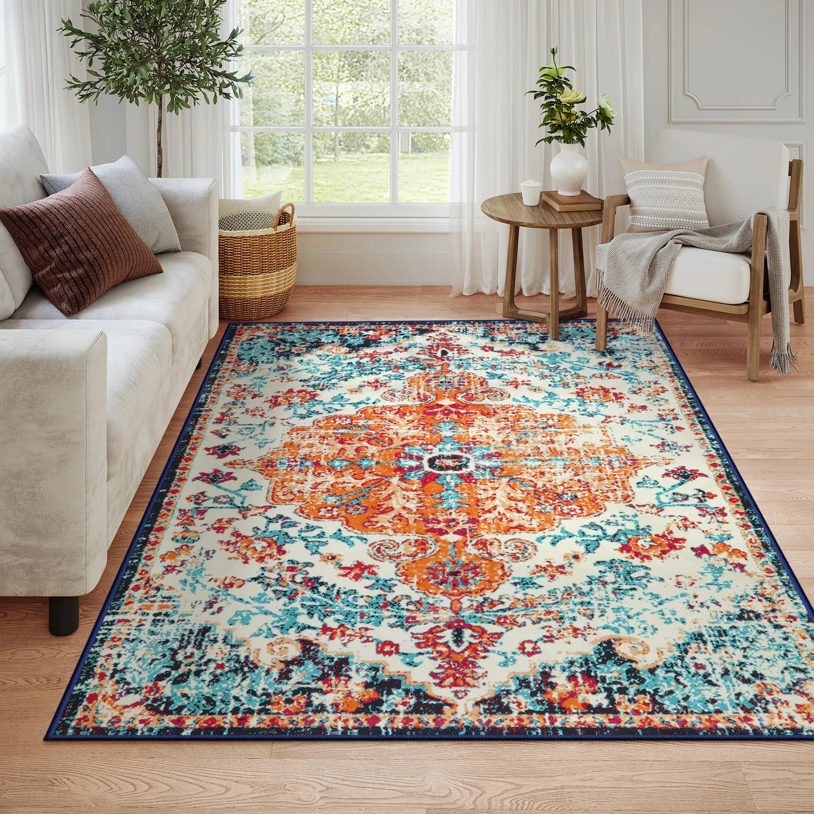 Reine Washable Bohemian Floral Medallion Orange Rug Clearance Rugs Lahome 6' x 9'