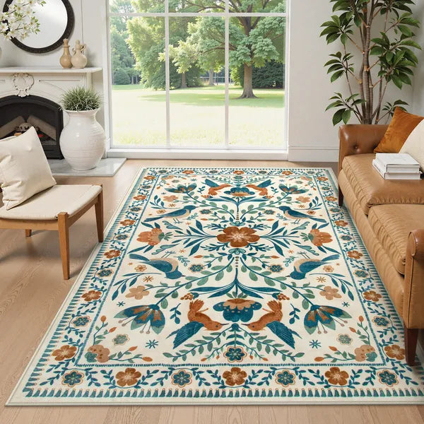 Rosalie Washable Boho Birdsong Floral Garden Beige Rug Clearance Rugs Lahome 6' x 9'