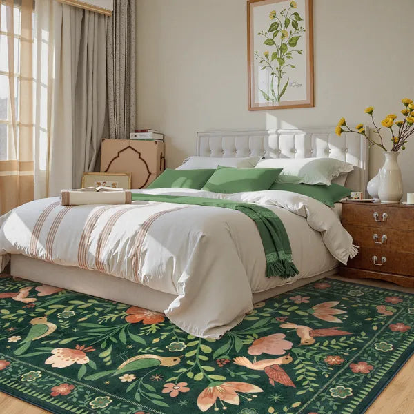 Rosalie Washable Boho Birdsong Floral Garden Green Rug Area Rugs Lahome