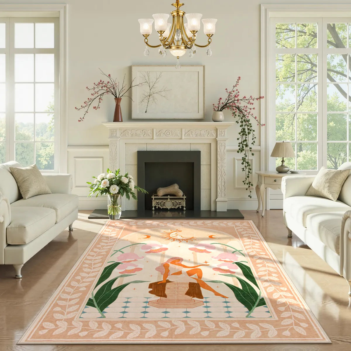 Vesper Washable Boho Mystical Goddess Orange Area Rug Rugs Lahome 6' x 9'