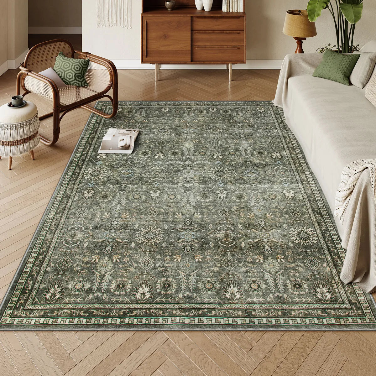 Mirae Washable Vintage Persian Dark Green Rug Area Rugs Lahome