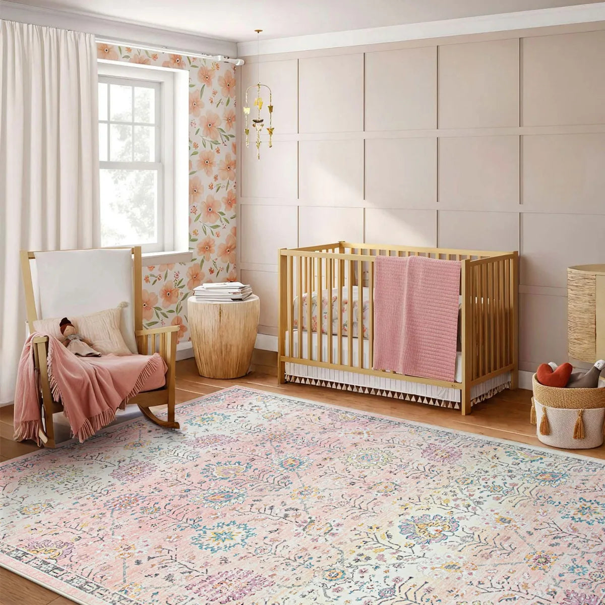 Flavie Washable Boho Parisian Floral Aesthetic Pink Rug Area Rugs Lahome