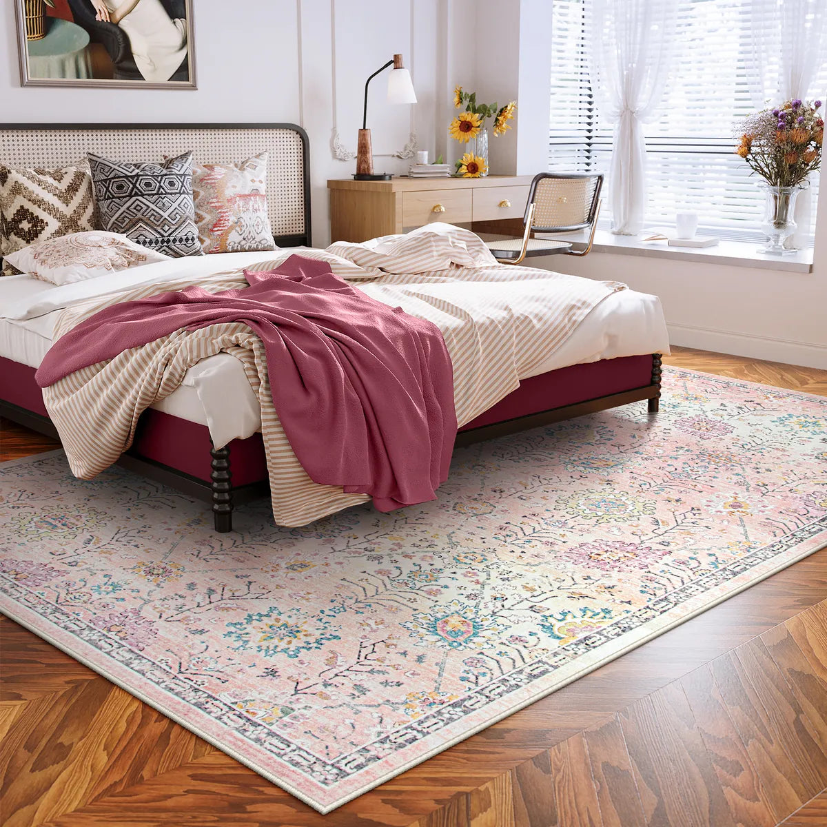 Flavie Washable Boho Parisian Floral Aesthetic Pink Rug Area Rugs Lahome 6' x 9'