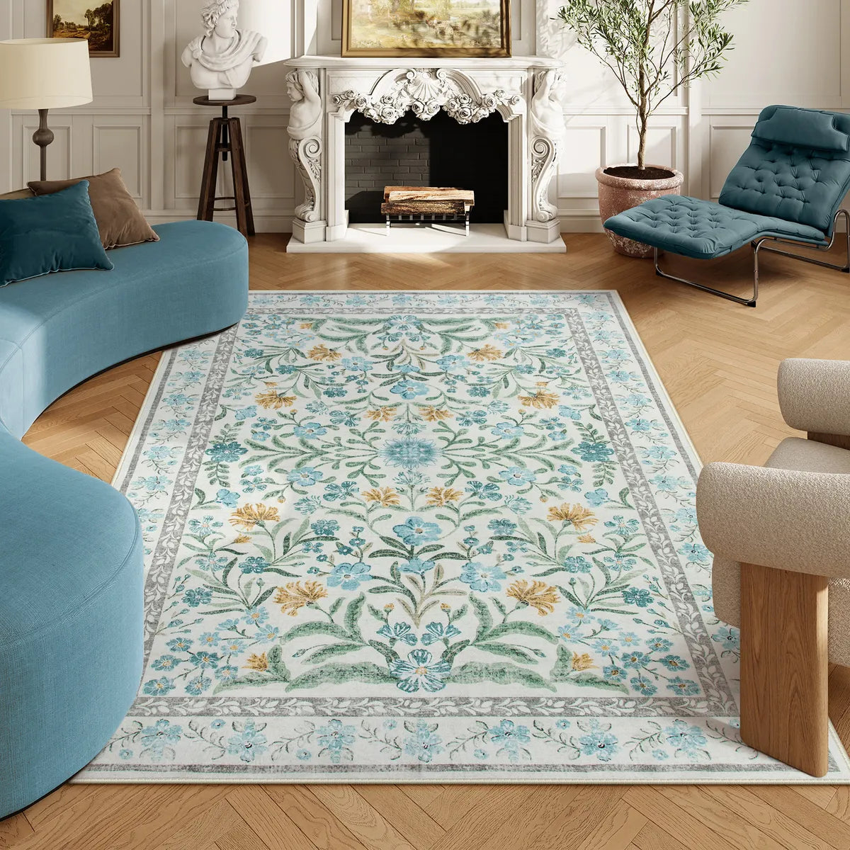 Sylvie Washable Boho Modern Parisian Garden Floral Blue Rug Area Rugs Lahome