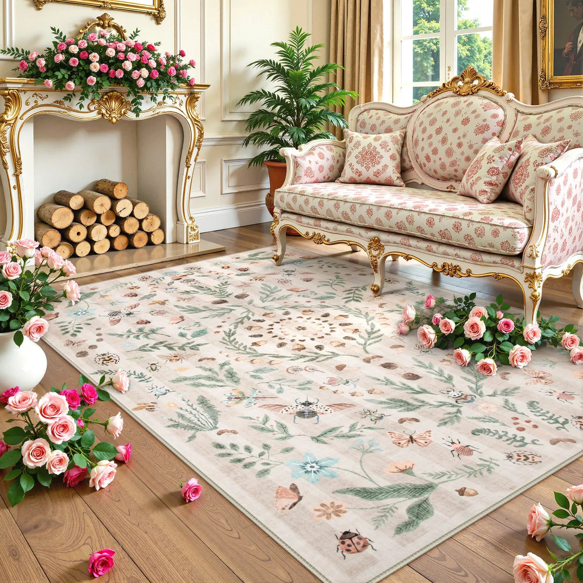 Clearance Chloe Washable Boho Insect Botanical Floral Beige Runner Rug Clearance Rugs Lahome