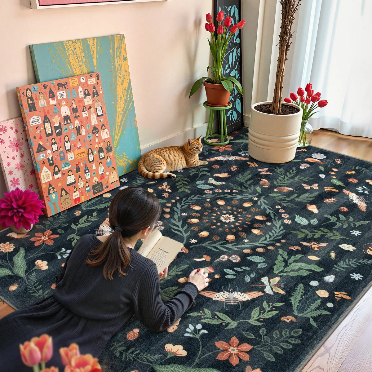 Chloe Washable Boho Insect Botanical Floral Black Rug Area Rugs Lahome