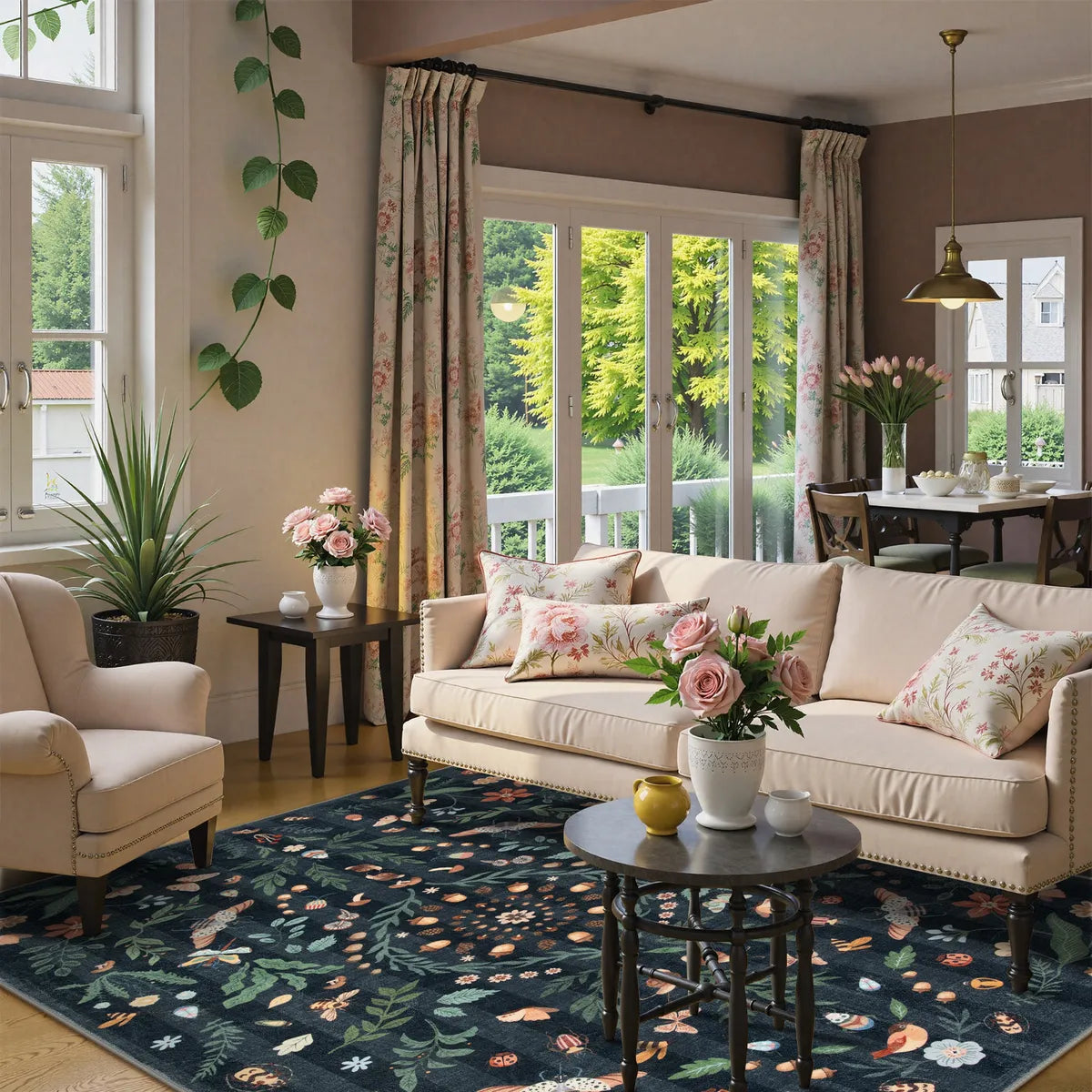 Chloe Washable Boho Insect Botanical Floral Black Rug Area Rugs Lahome 6' x 9'