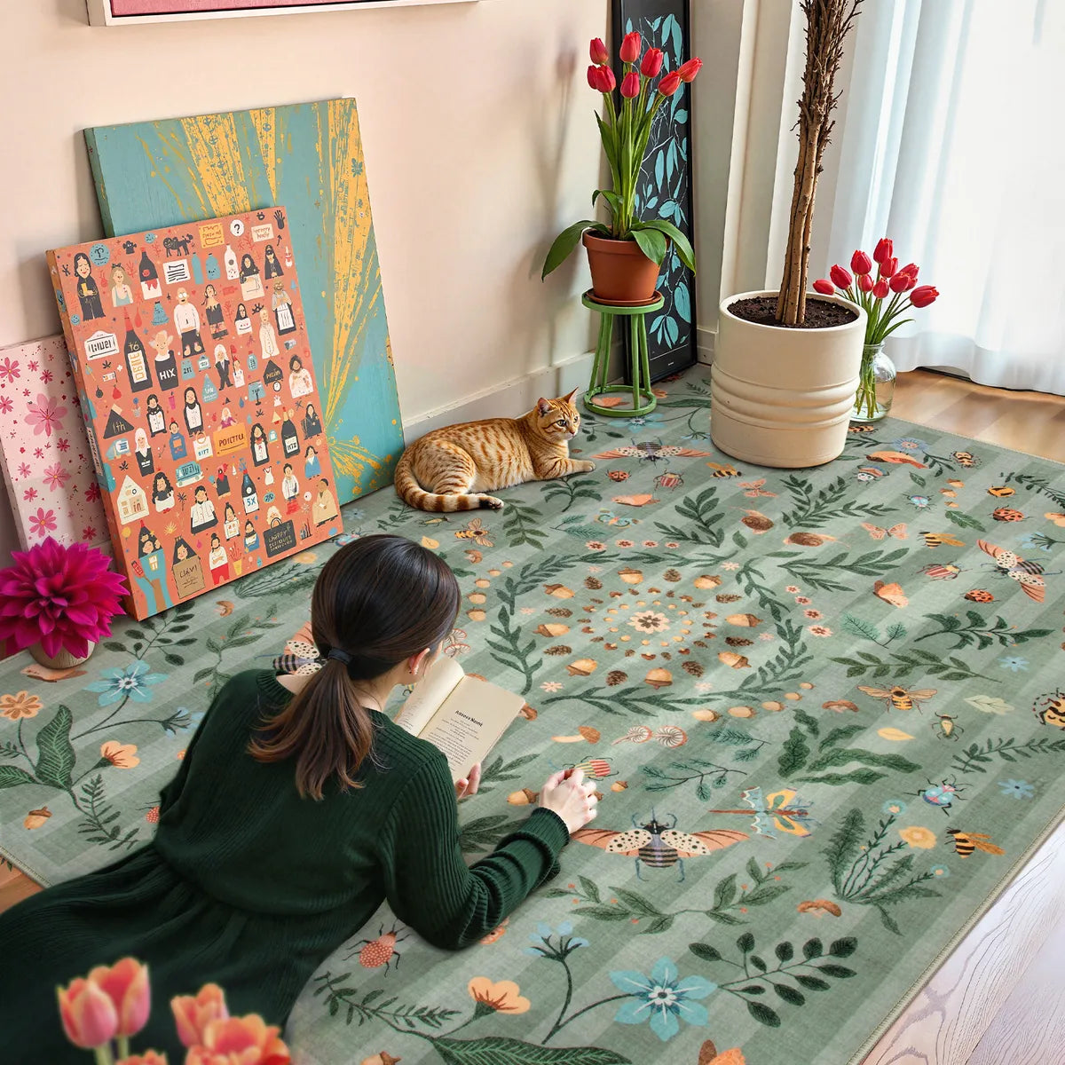 Chloe Washable Boho Insect Botanical Floral Green Runner Rug Area Rugs Lahome