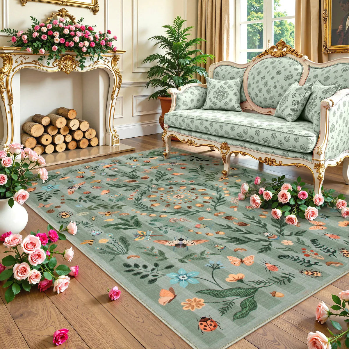 Chloe Washable Boho Insect Botanical Floral Green Runner Rug Area Rugs Lahome 6' x 9'