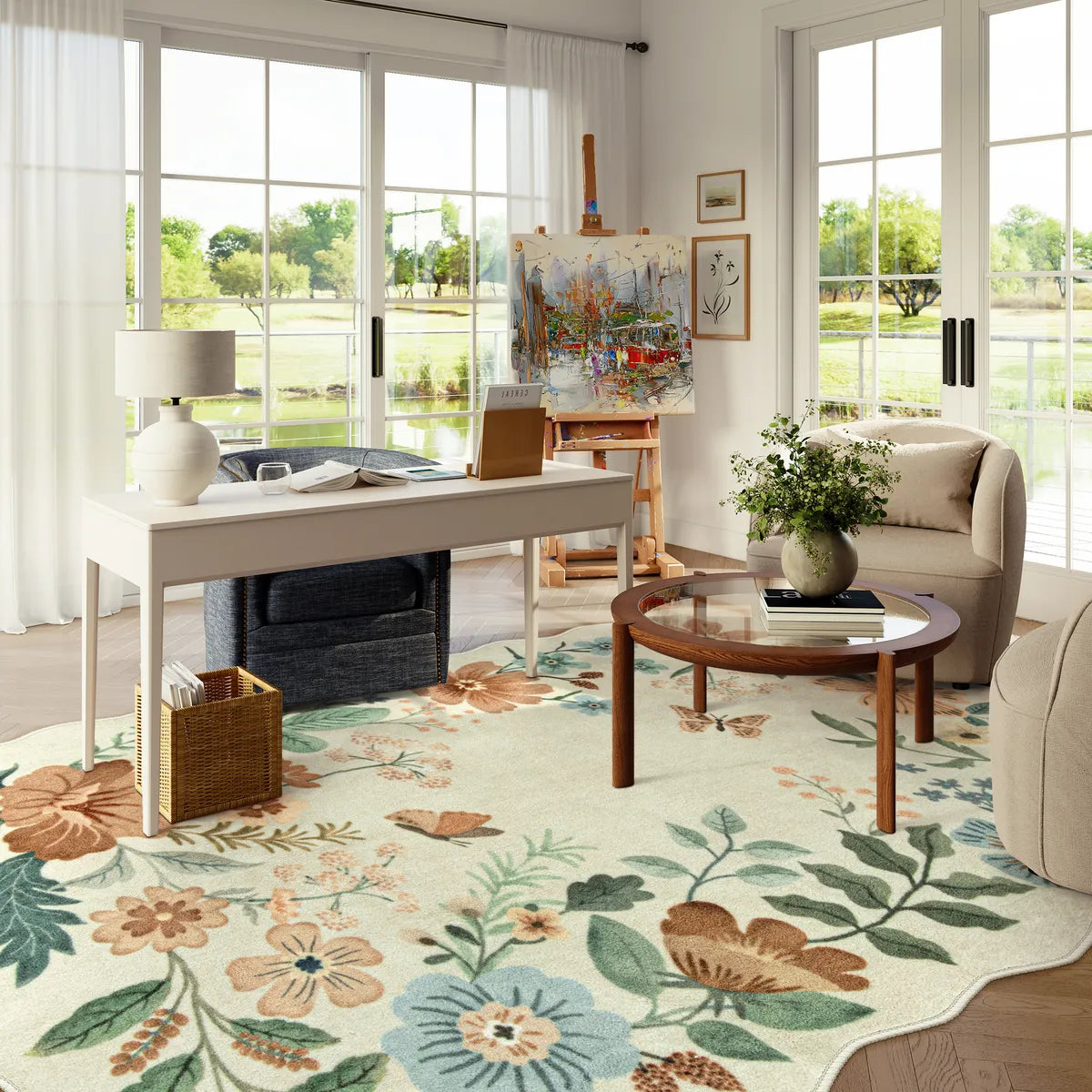 Flore Washable Boho Modern Parisian Floral Scalloped Beige Rug Clearance Rugs Lahome