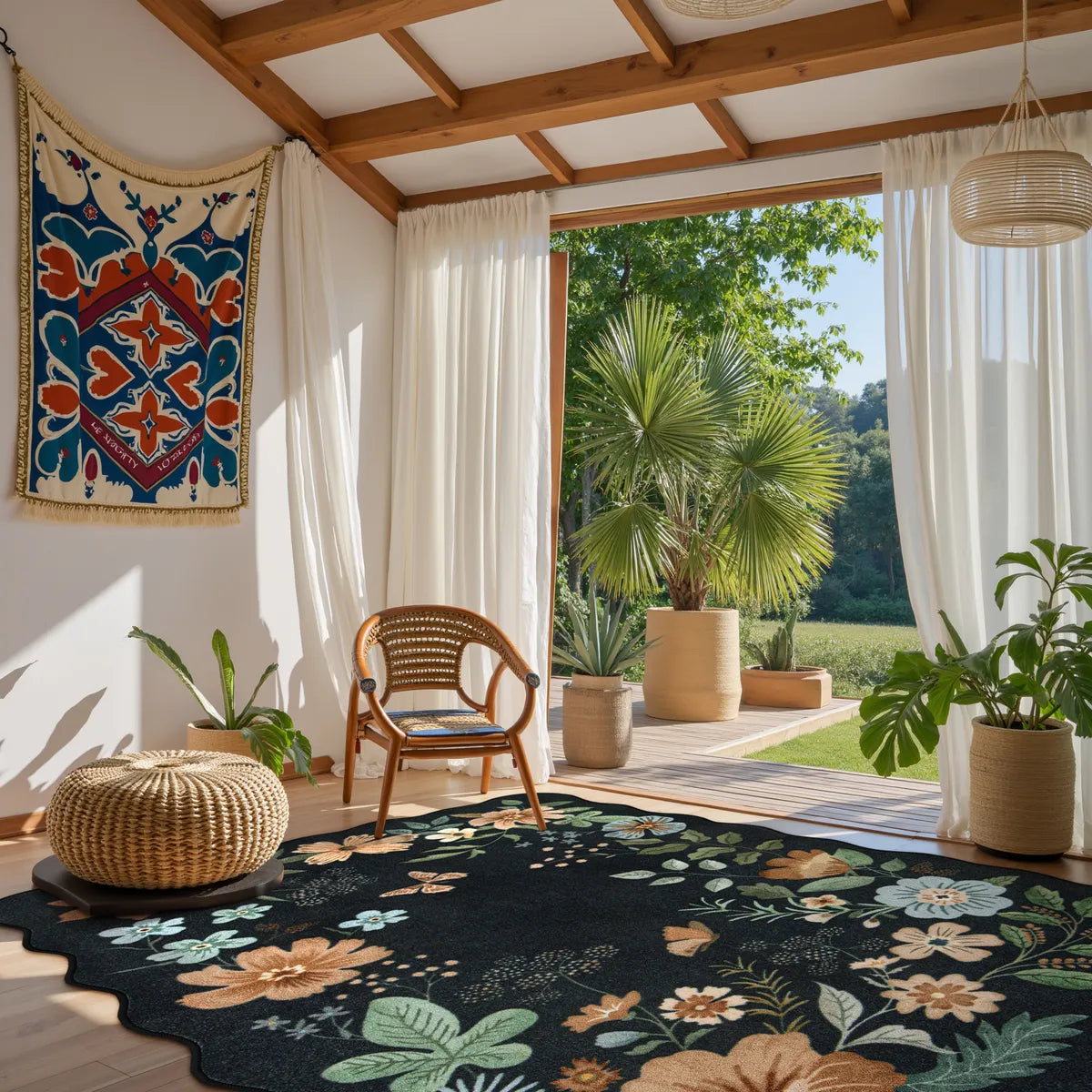 Flore Washable Boho Modern Parisian Floral Scalloped Black Rug Area Rugs Lahome