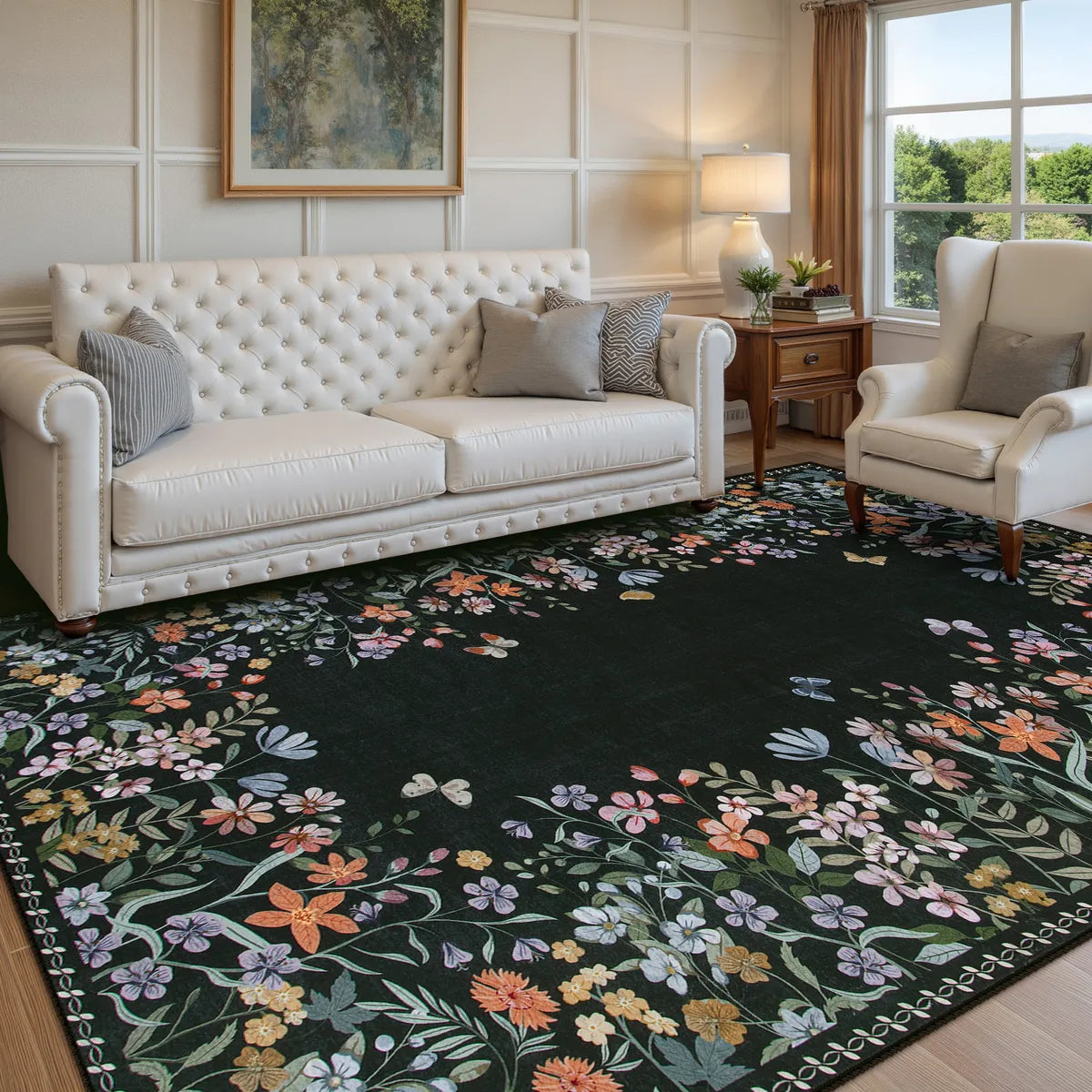 Solene Washable Modern Blooming Floral Garden Black Rug Area Rugs Lahome 6' x 9'