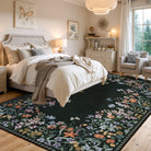 Solene Washable Modern Blooming Floral Garden Black Rug Area Rugs Lahome