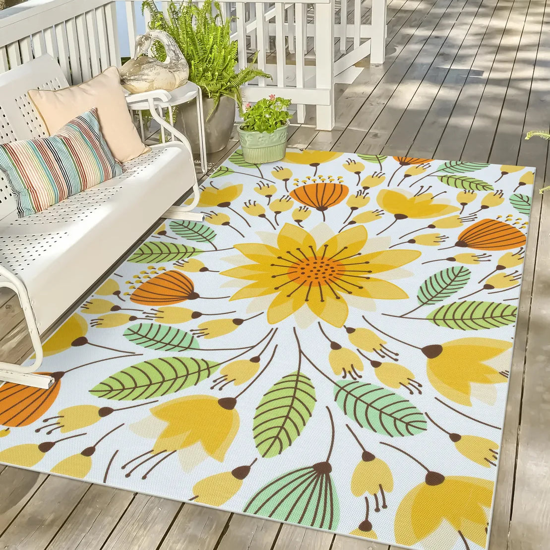 Soleil Washable Floral Yellow Indoor Outdoor Rug Outdoor Rugs Lahome 6' x 9'