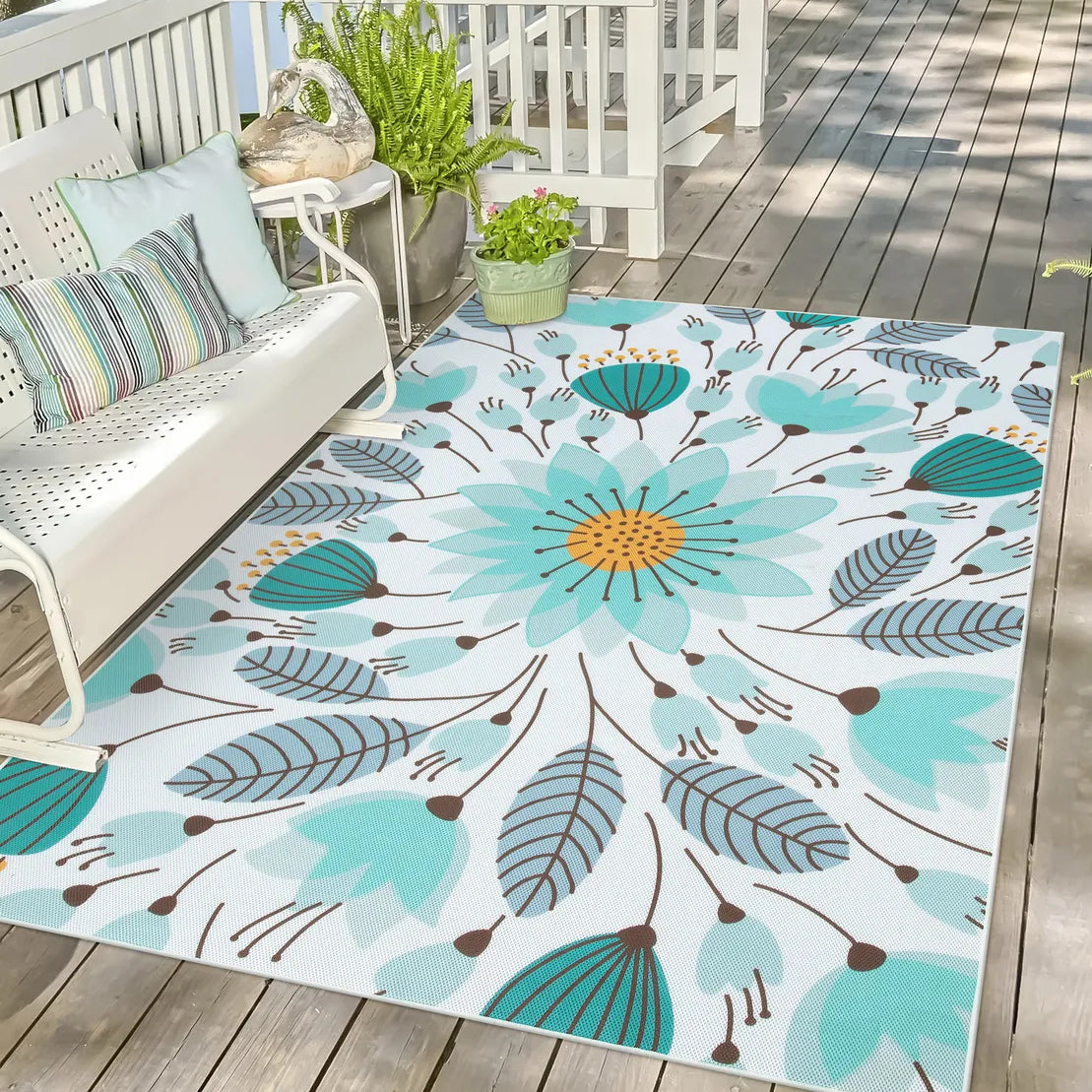 Soleil Washable Floral Blue Indoor Outdoor Rug Outdoor Rugs Lahome