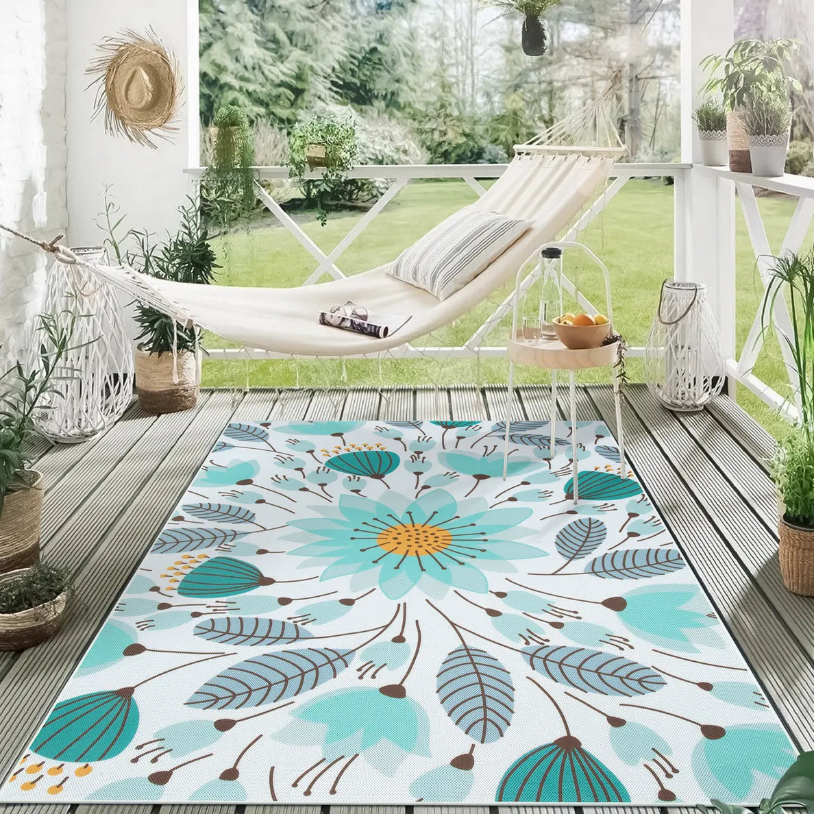 Soleil Washable Floral Blue Indoor Outdoor Rug Outdoor Rugs Lahome 6' x 9'