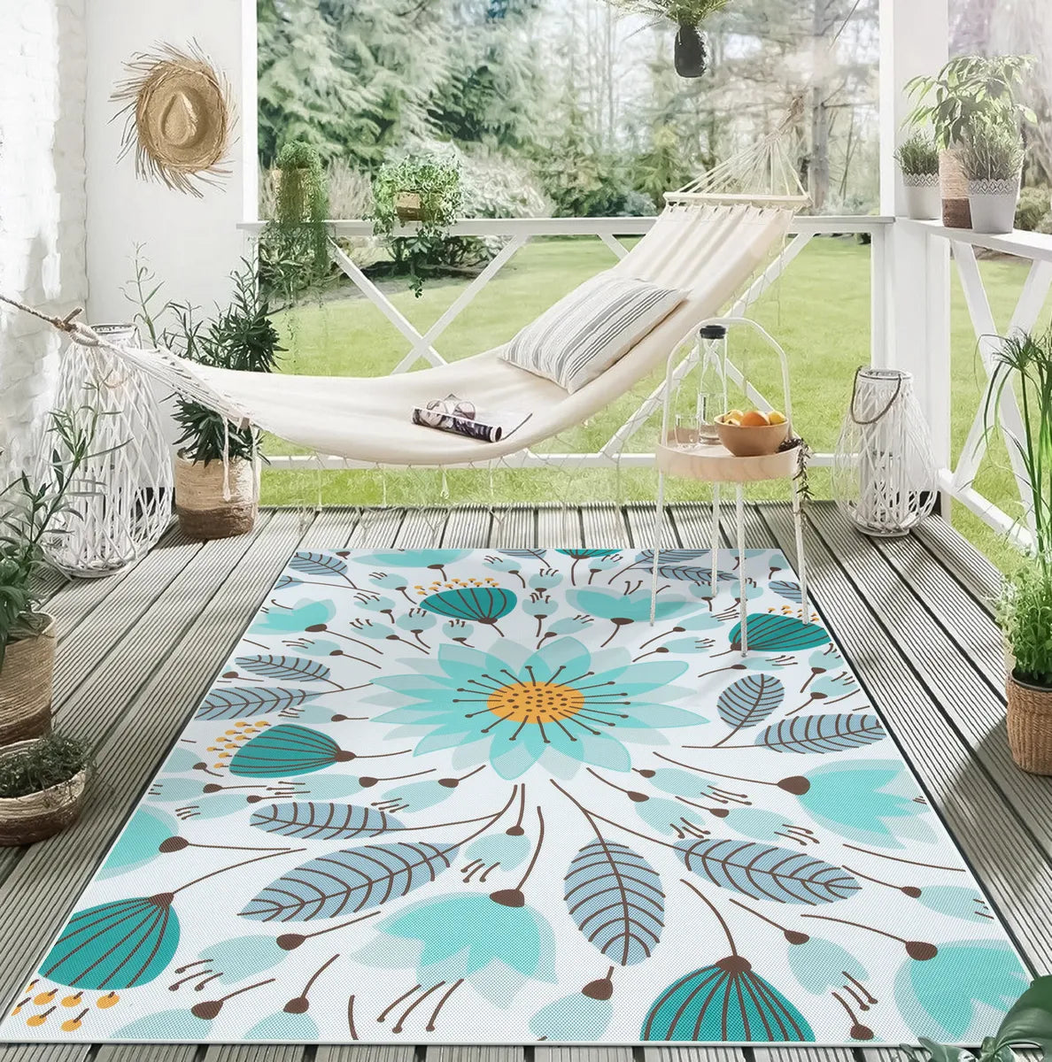 Soleil Washable Floral Blue Indoor Outdoor Rug Outdoor Rugs Lahome 6' x 9'