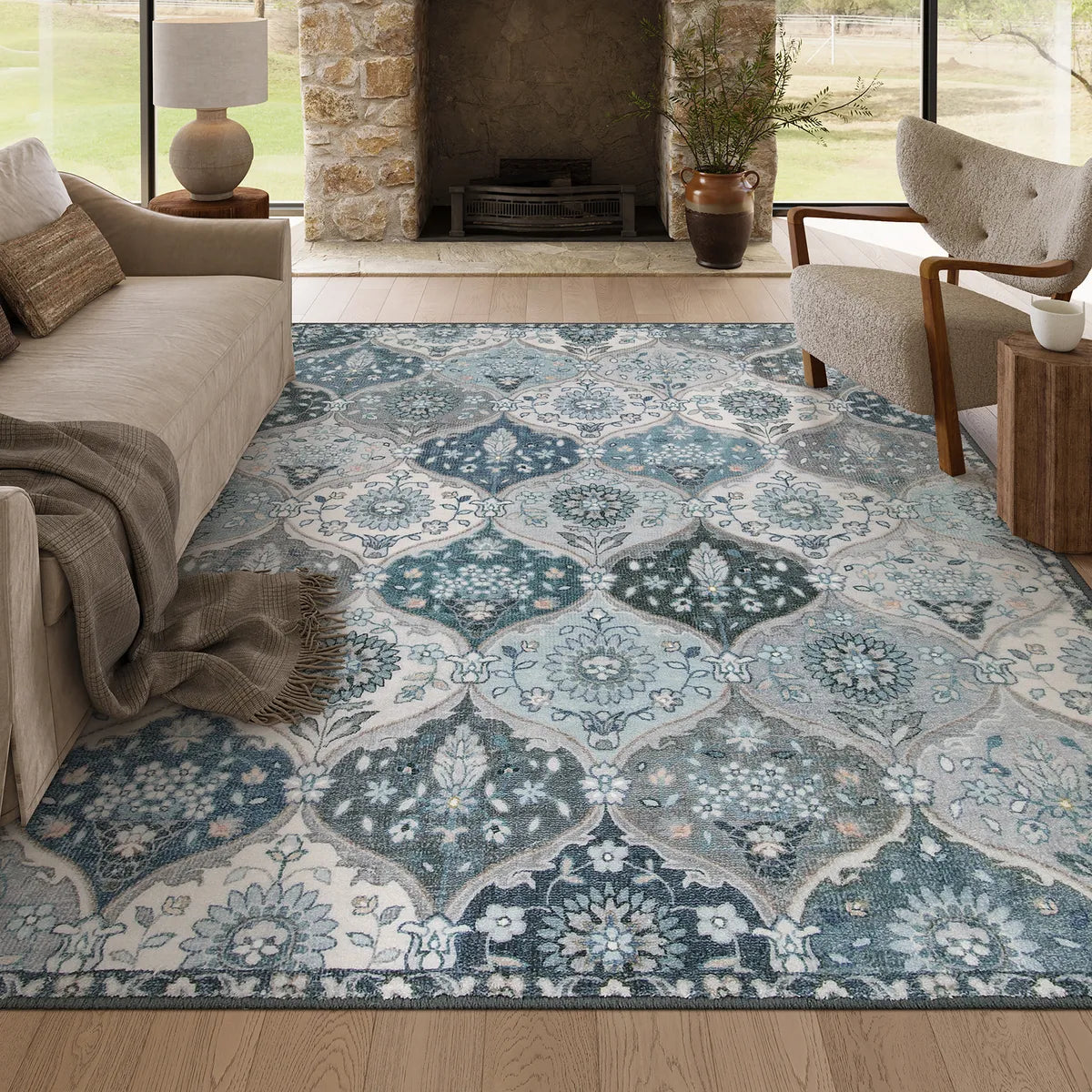 Elise Washable Ultra-thin Vintage Floral Moroccan Trellis Blue Rug Area Rugs Lahome 6' x 9'