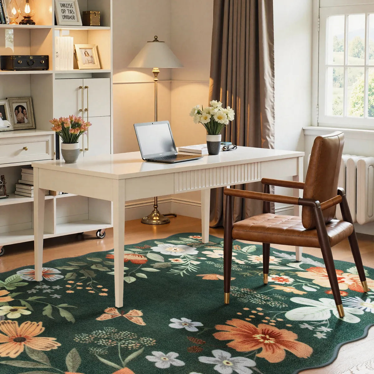 Flore Washable Boho Modern Parisian Floral Scalloped Dark Green Rug Area Rugs Lahome