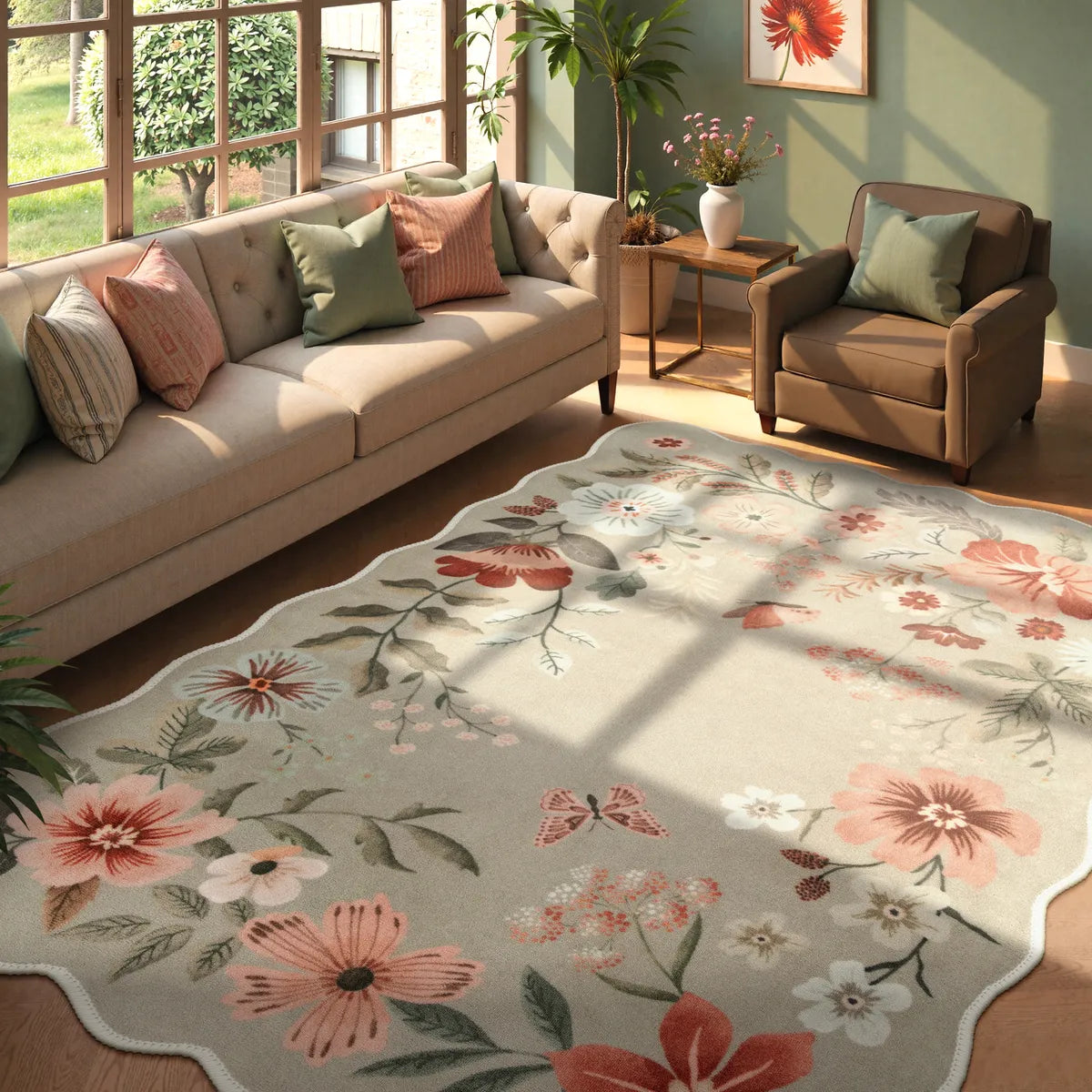 Flore Washable Boho Modern Parisian Floral Scalloped Brown Rug Area Rugs Lahome