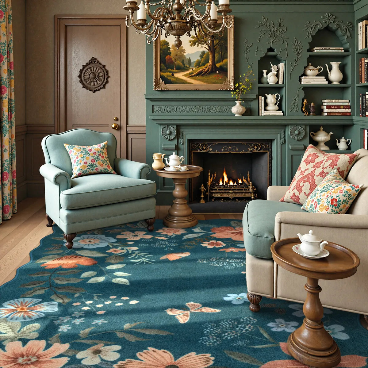 Flore Washable Boho Modern Parisian Floral Scalloped Navy Blue Rug Area Rugs Lahome
