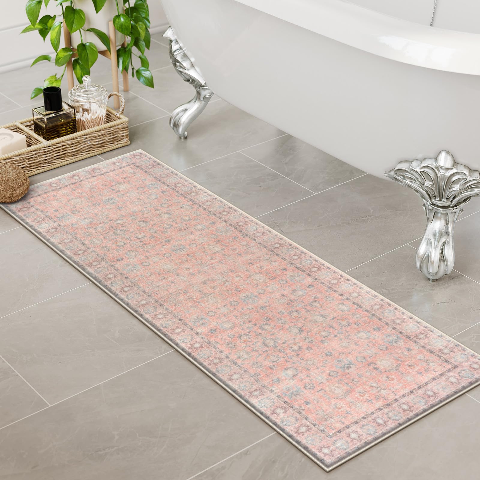 Lahomedecor Boho Bathroom Runner Rug Mat 18x47, Non-Slip Soft Shaggy and Comfortable Large Size Microfiber Vintage Farmhouse Bath Rug, Super Absorbent and Thick, Machine Washable, Long Bath Mat, Grey Lahomedecor Lahome 1'6" x 3'11" (Rectangular) Pink