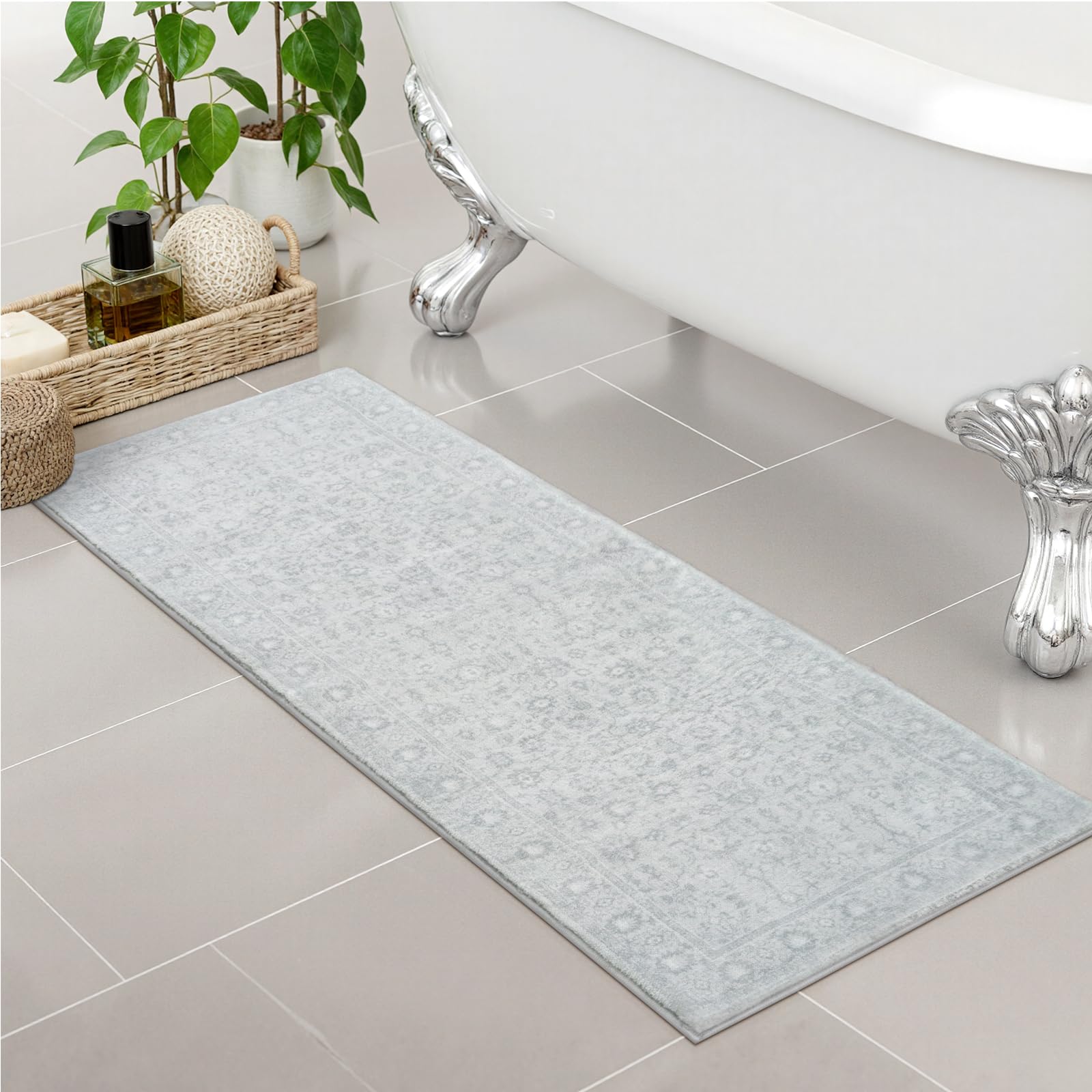 Lahomedecor Boho Bathroom Runner Rug Mat 18x47, Non-Slip Soft Shaggy and Comfortable Large Size Microfiber Vintage Farmhouse Bath Rug, Super Absorbent and Thick, Machine Washable, Long Bath Mat, Grey Lahomedecor Lahome 1'8" x 5' (Rectangular) Grey