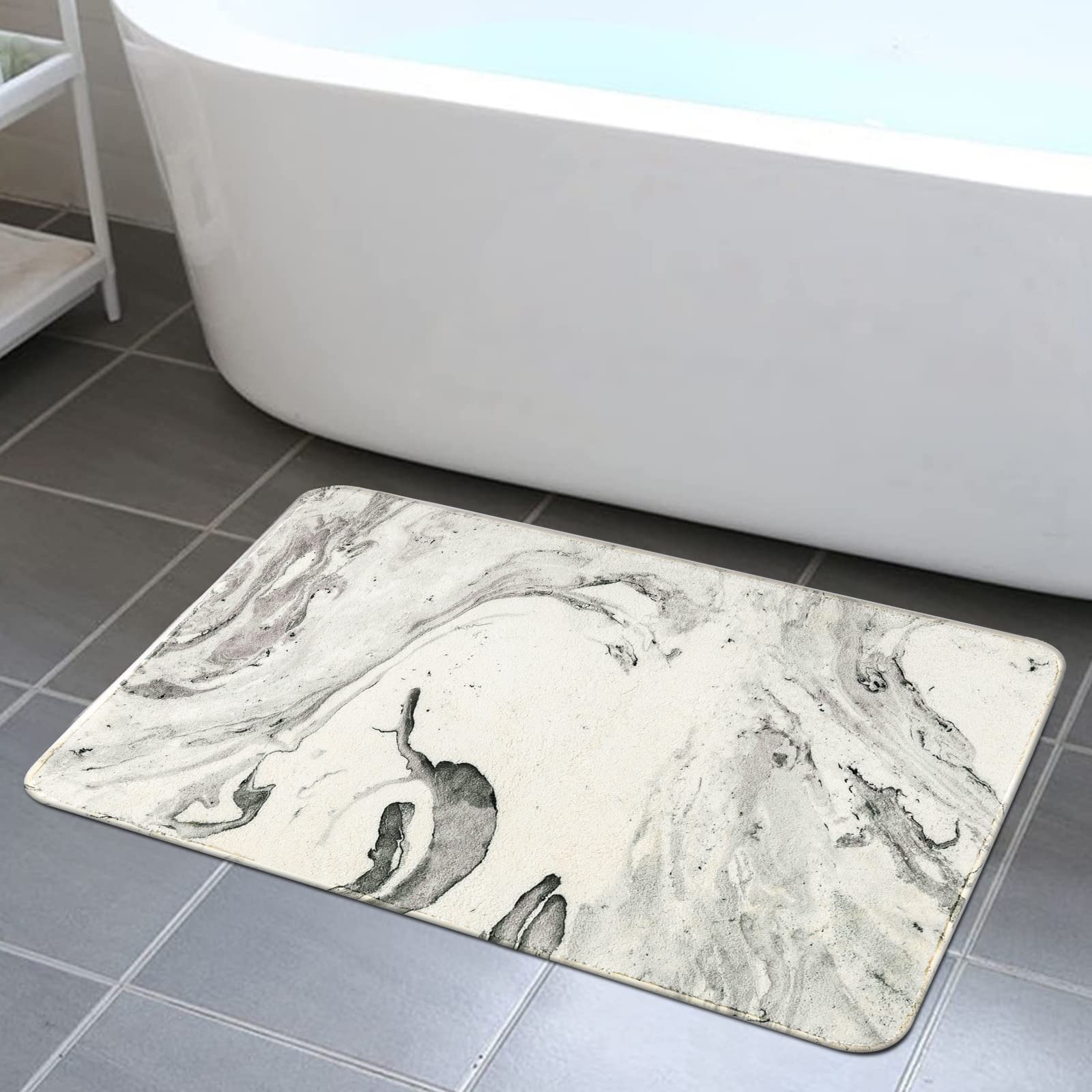 LahomeGlobal Bath Mat 18x47 inch Gray Marble Runner Velvet Non-Slip Bathroom Rug Modern Long Bath Rug Soft Luxury Microfiber Machine Washable Floor Carpet for Bathroom Tub Shower LahomeGlobal Lahome 1'8" x 2'8" (Rectangular) Gray Marble