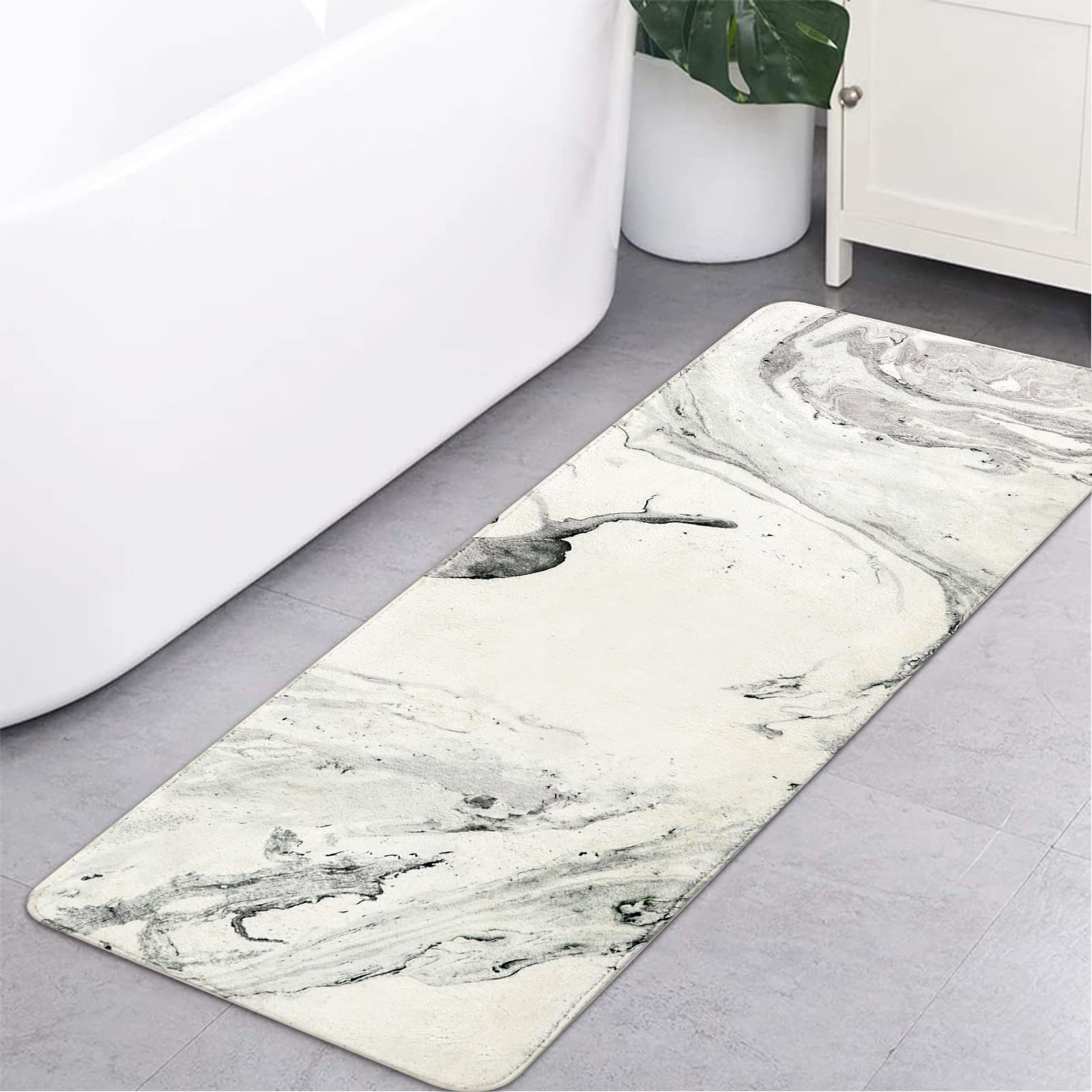 LahomeGlobal Bath Mat 18x47 inch Gray Marble Runner Velvet Non-Slip Bathroom Rug Modern Long Bath Rug Soft Luxury Microfiber Machine Washable Floor Carpet for Bathroom Tub Shower LahomeGlobal Lahome 1'6" x 3'11" (Rectangular) Gray Marble