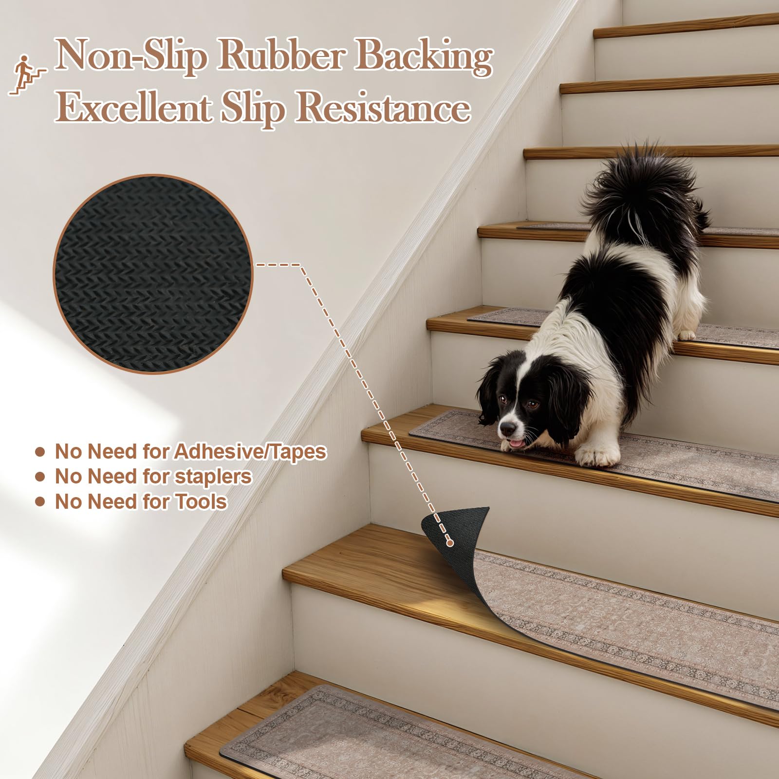 LahomeGlobal Vintage Stair Treads for Wooden Steps Indoor 15PCS 30"x8" Non-Slip Stair Runner Carpet Stair Treads Mats Staircase Step Treads for Kids, Elders and Dogs, Rubber Step Covers, Anti-slip floor mats for use on staircases LahomeGlobal Lahome