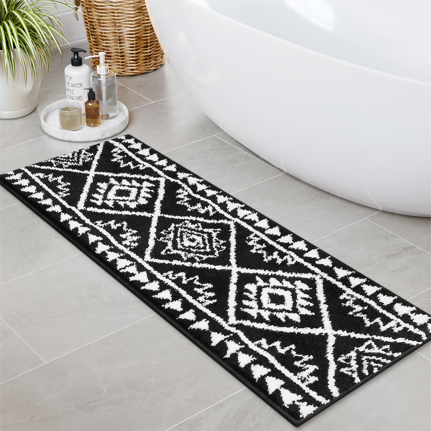 Lahomerugs Boho Bathroom Rugs Black Tribal Bath Mat Western Non-Slip Absorbent Bath Rug Bath mats Plush Soft Farmhouse Geometric Bathroom Floor Mat for Shower Toilet Tub, 18x26 inch Lahomerugs Lahome