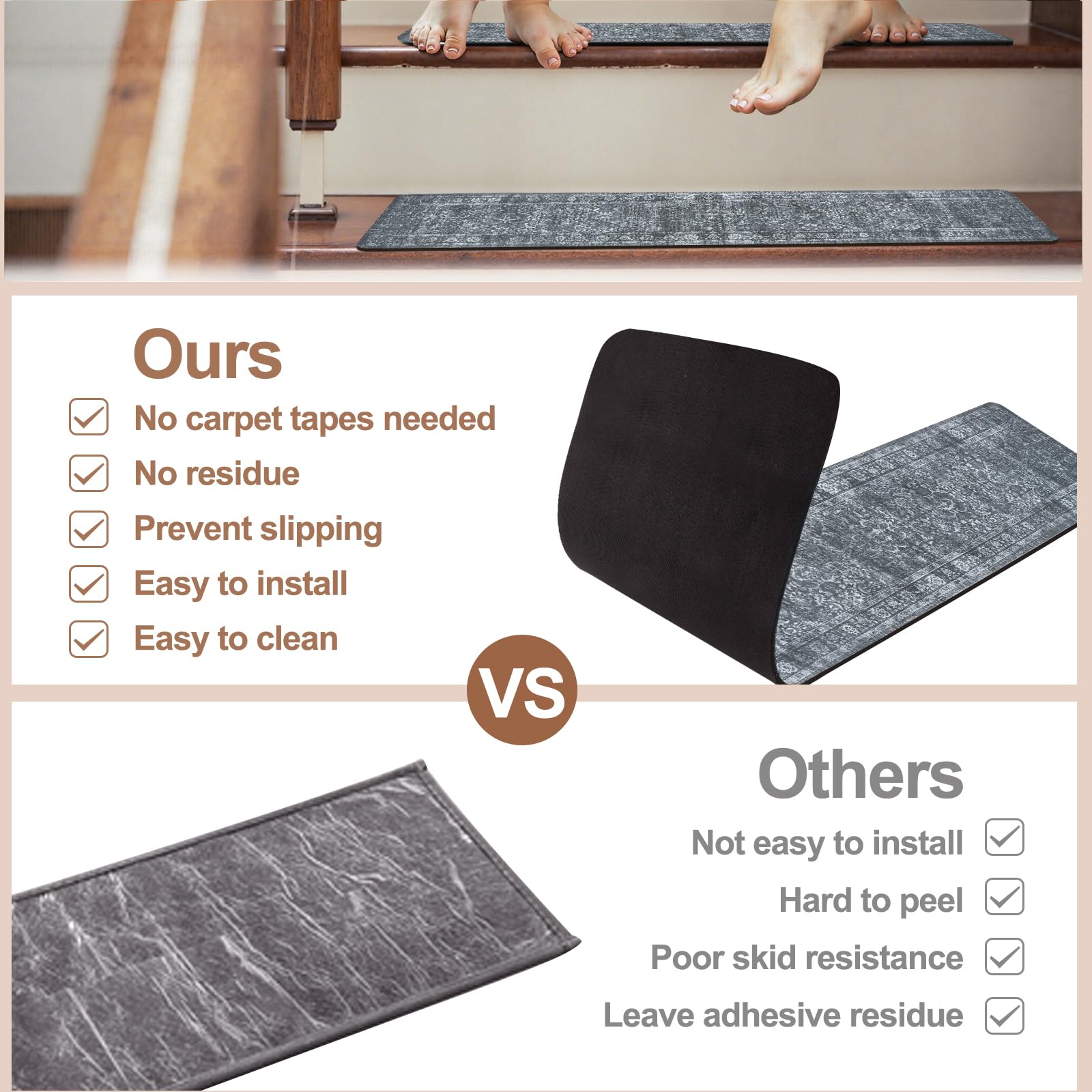 LahomeGlobal Vintage Stair Treads for Wooden Steps Indoor 15PCS 30"x8" Non-Slip Stair Runner Carpet Stair Treads Mats Staircase Step Treads for Kids, Elders and Dogs, Rubber Step Covers, Anti-slip floor mats for use on staircases LahomeGlobal Lahome