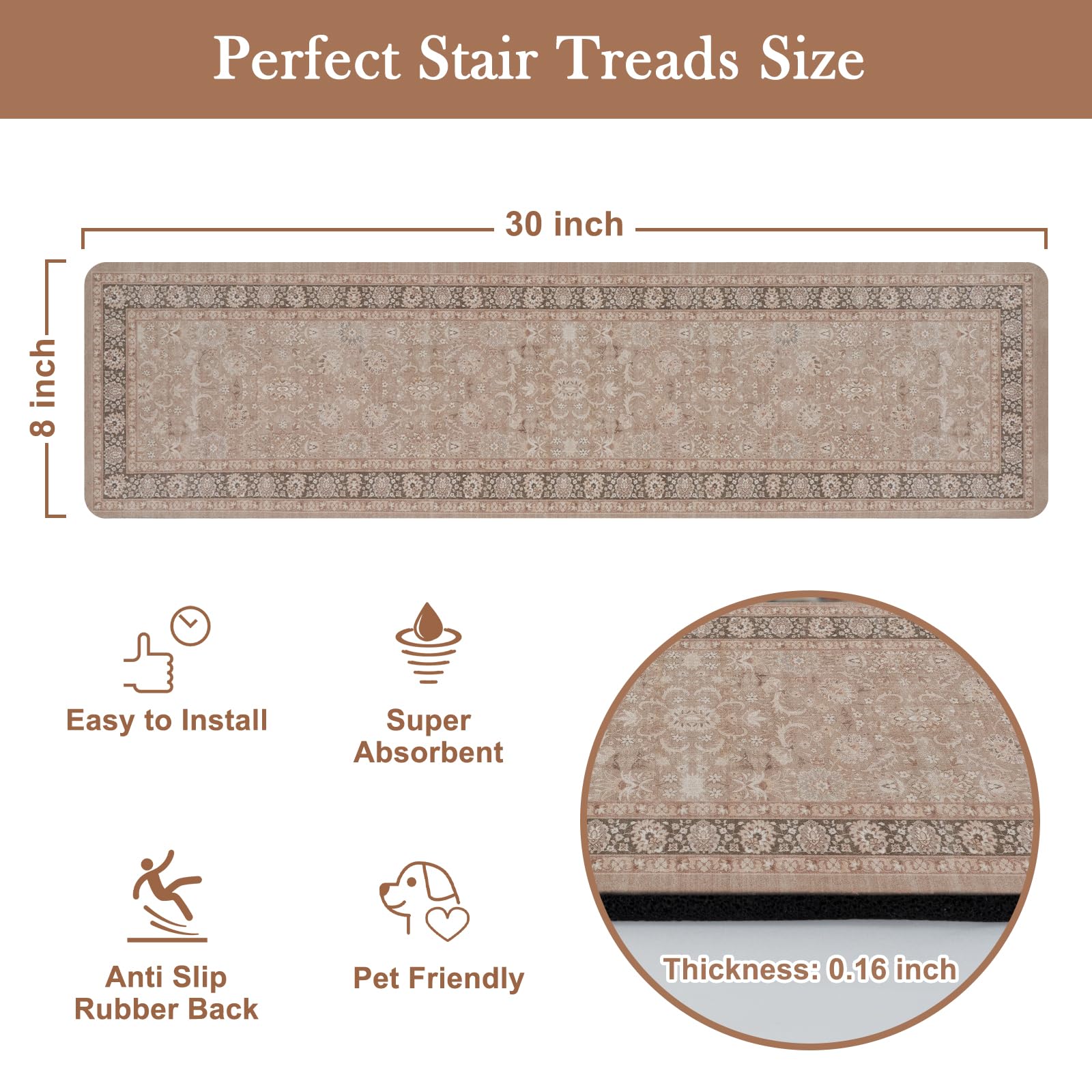 LahomeGlobal Vintage Stair Treads for Wooden Steps Indoor 15PCS 30"x8" Non-Slip Stair Runner Carpet Stair Treads Mats Staircase Step Treads for Kids, Elders and Dogs, Rubber Step Covers, Anti-slip floor mats for use on staircases LahomeGlobal Lahome