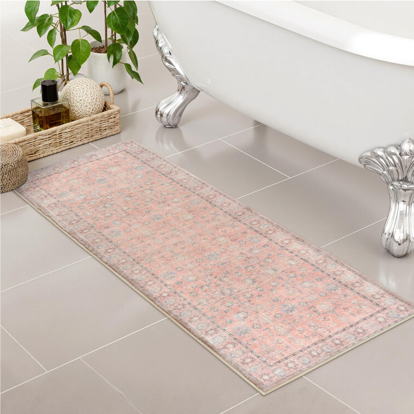 Lahomedecor Boho Bathroom Runner Rug Mat 18x47, Non-Slip Soft Shaggy and Comfortable Large Size Microfiber Vintage Farmhouse Bath Rug, Super Absorbent and Thick, Machine Washable, Long Bath Mat, Grey Lahomedecor Lahome 1'8" x 5' (Rectangular) Pink