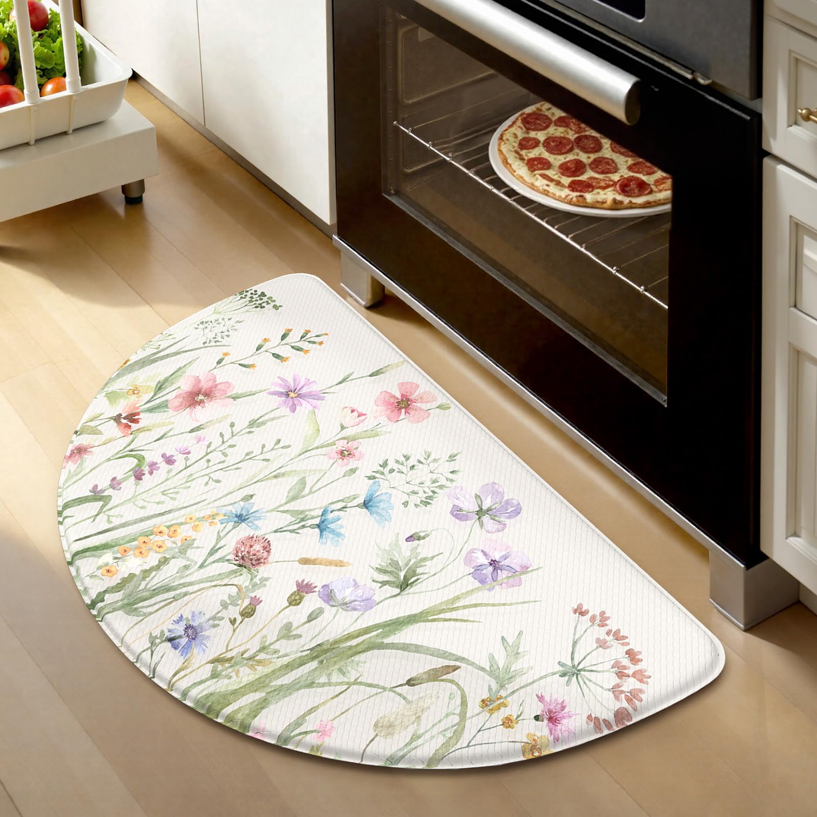 Lahomerug Anti Fatigue Mats for Kitchen Floor 17"x59"+17"x29", Farmhouse Floral Kitchen Rugs, Cushioned Memory Foam Kitchen Mats, Comfort Standing Mat for Laundry, Office, Sink, Desk Brown, Anti-fatigue floor mats Lahomerug Lahome 1'6" x 2'4" (Semicircular) Floral/White