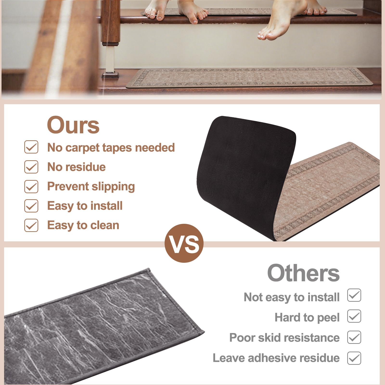 LahomeGlobal Vintage Stair Treads for Wooden Steps Indoor 15PCS 30"x8" Non-Slip Stair Runner Carpet Stair Treads Mats Staircase Step Treads for Kids, Elders and Dogs, Rubber Step Covers, Anti-slip floor mats for use on staircases LahomeGlobal Lahome