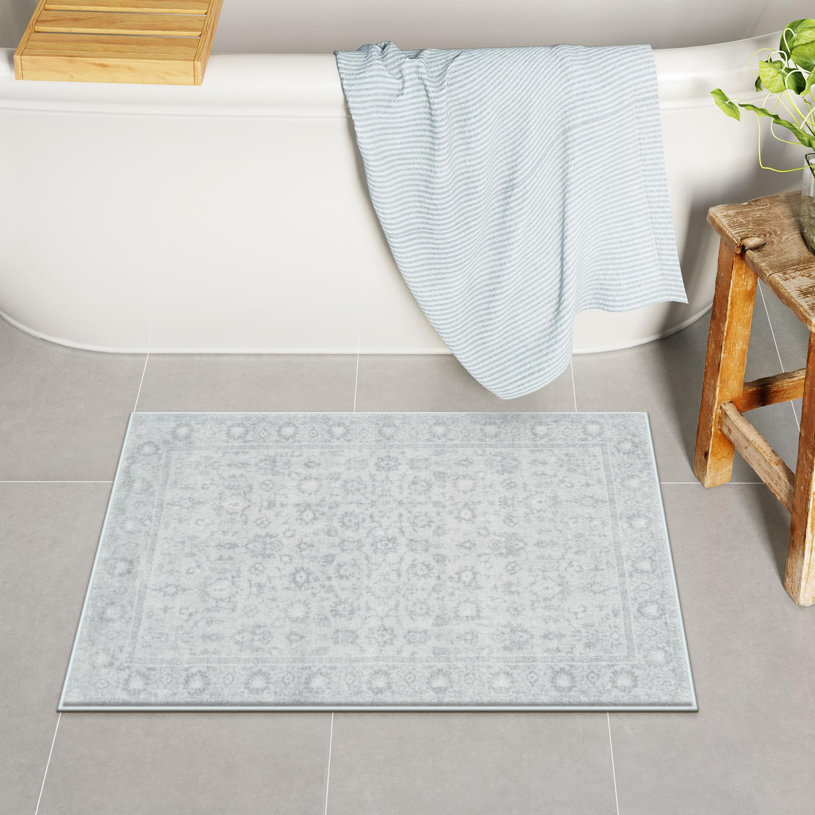 Lahomedecor Boho Bathroom Runner Rug Mat 18x47, Non-Slip Soft Shaggy and Comfortable Large Size Microfiber Vintage Farmhouse Bath Rug, Super Absorbent and Thick, Machine Washable, Long Bath Mat, Grey Lahomedecor Lahome 1'6" x 2'2" (Rectangular) Light Grey