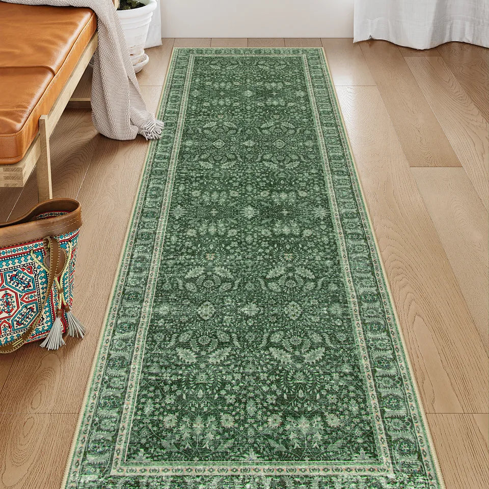 Odette Washable Boho Vintage Border Floral Green Runner Rug Runner Rug Lahome
