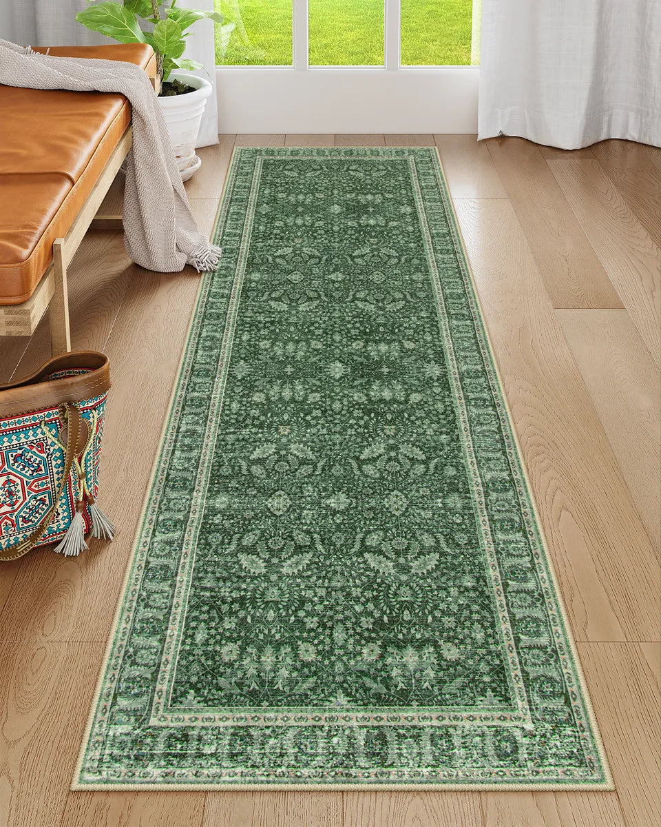 Odette Washable Boho Vintage Border Floral Green Runner Rug Runner Rug Lahome