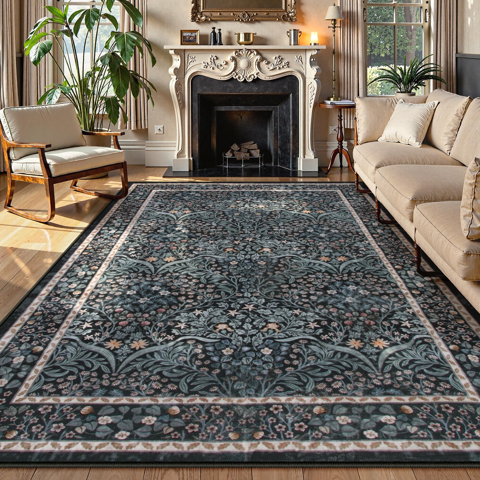 Lahomedecor Floral Area Rugs 5x7, Soft Washable Rugs for Living Room Bedroom, Boho Non Slip Low Pile Forest Design Large Throw Carpet for Farmhouse Dining Room Office, Black, Area rugs Lahomedecor Lahome 8'x10' Black