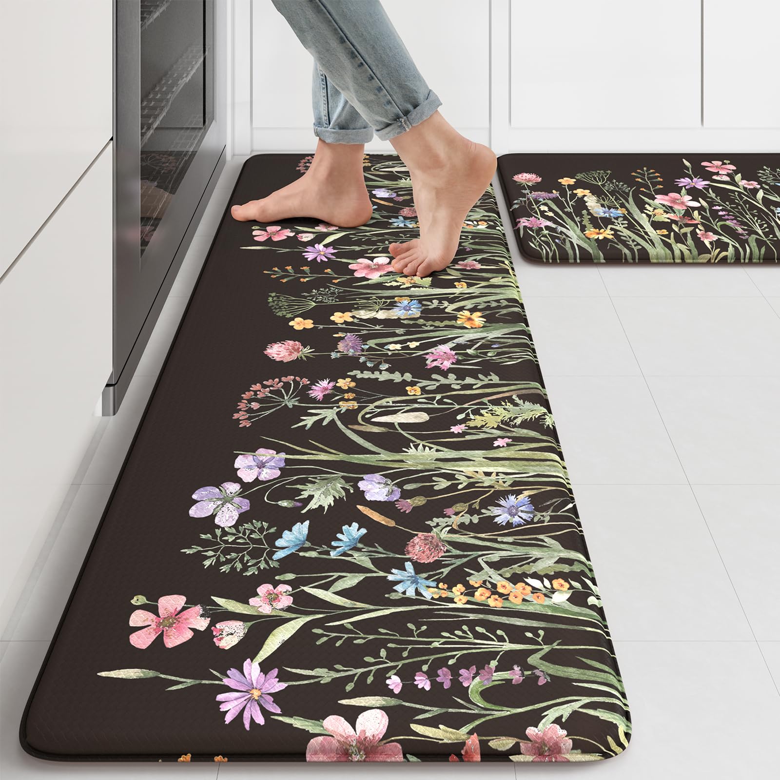Lahomerug Anti Fatigue Mats for Kitchen Floor 17"x59"+17"x29", Farmhouse Floral Kitchen Rugs, Cushioned Memory Foam Kitchen Mats, Comfort Standing Mat for Laundry, Office, Sink, Desk Brown, Anti-fatigue floor mats Lahomerug Lahome 17.3" x 47"+17.3" x 29"--0.47 inches Floral/Black