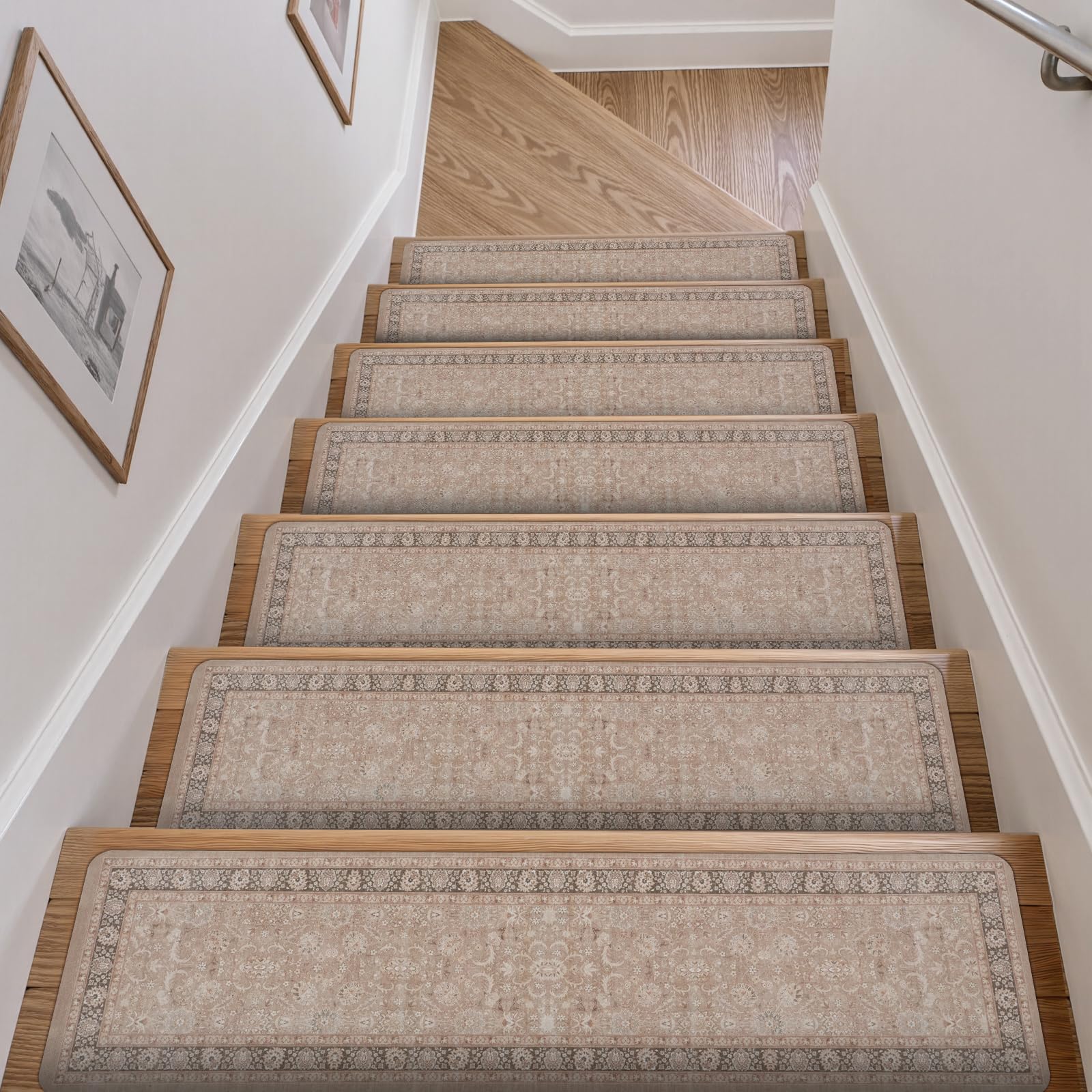 LahomeGlobal Vintage Stair Treads for Wooden Steps Indoor 15PCS 30"x8" Non-Slip Stair Runner Carpet Stair Treads Mats Staircase Step Treads for Kids, Elders and Dogs, Rubber Step Covers, Anti-slip floor mats for use on staircases LahomeGlobal Lahome 1 15PCS Natural Beige