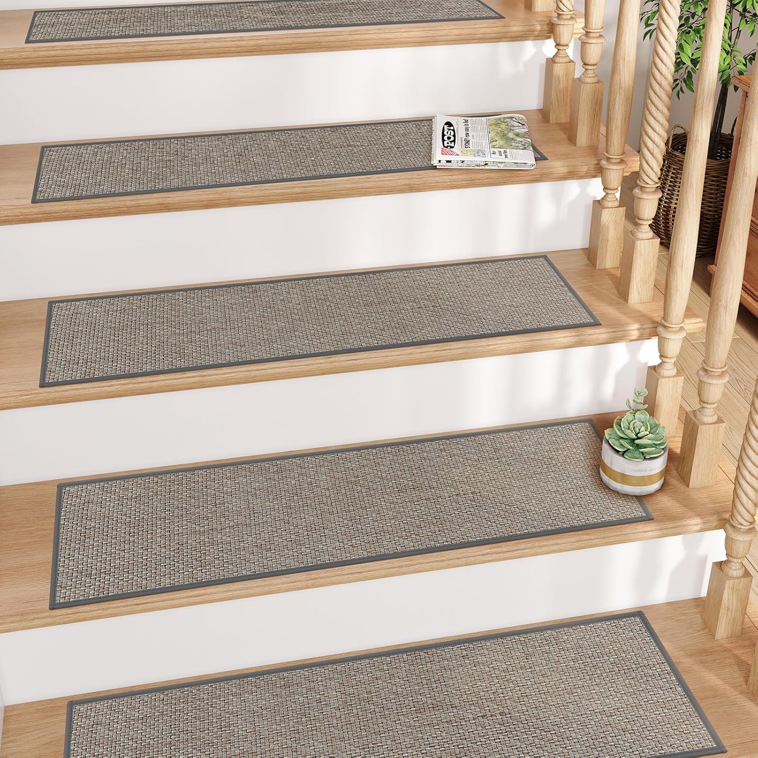 Lahomerug Stair Treads Non Slip 15PCS 8"x30" Linen Stair Runner, Self-Adhesive Peel and Stick Stair Treads for Wooden Steps, Washable Anti-Slip Backing Indoor Staircase Step Treads for Kids Elders Dogs, Anti-slip floor mats for use on staircases Lahomerug Lahome