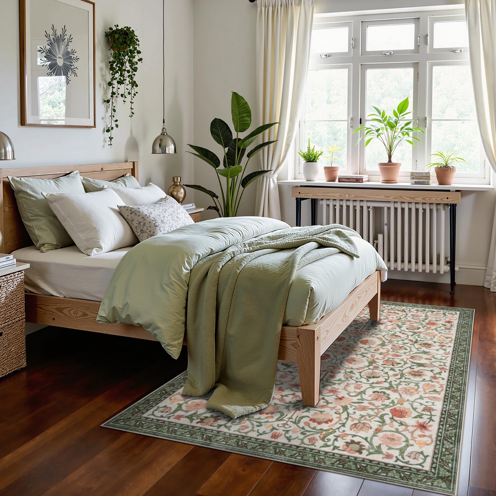 Lahomerug Floral Print Area Rug 5x7, Washable Dark Green Rugs for Living Room, Non Slip Soft Large Rugs for Bedroom, Stain Resistant Dining Room Mat Indoor Floor Carpet for Dorm Lahomerug Lahome