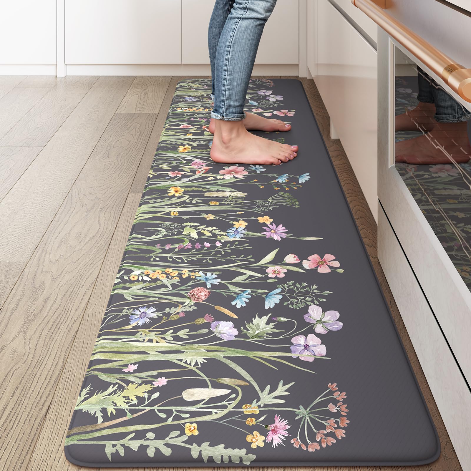 Lahomerug Anti Fatigue Mats for Kitchen Floor 17"x59"+17"x29", Farmhouse Floral Kitchen Rugs, Cushioned Memory Foam Kitchen Mats, Comfort Standing Mat for Laundry, Office, Sink, Desk Brown, Anti-fatigue floor mats Lahomerug Lahome 17.3"L x 17.3"W x 0.5"Th Floral/Dark Grey/Purple