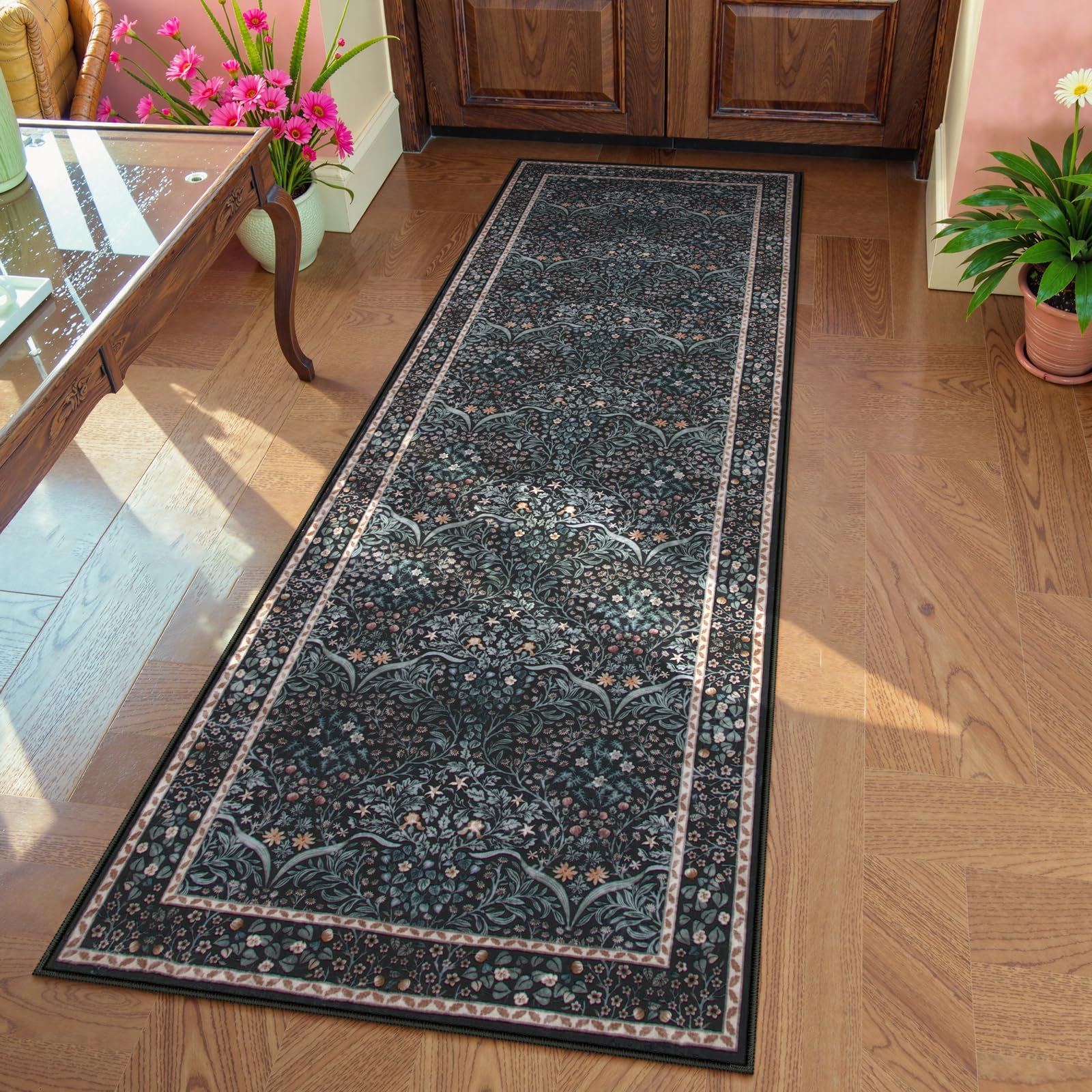 Lahomedecor Floral Area Rugs 5x7, Soft Washable Rugs for Living Room Bedroom, Boho Non Slip Low Pile Forest Design Large Throw Carpet for Farmhouse Dining Room Office, Black, Area rugs Lahomedecor Lahome 2'x6' Black